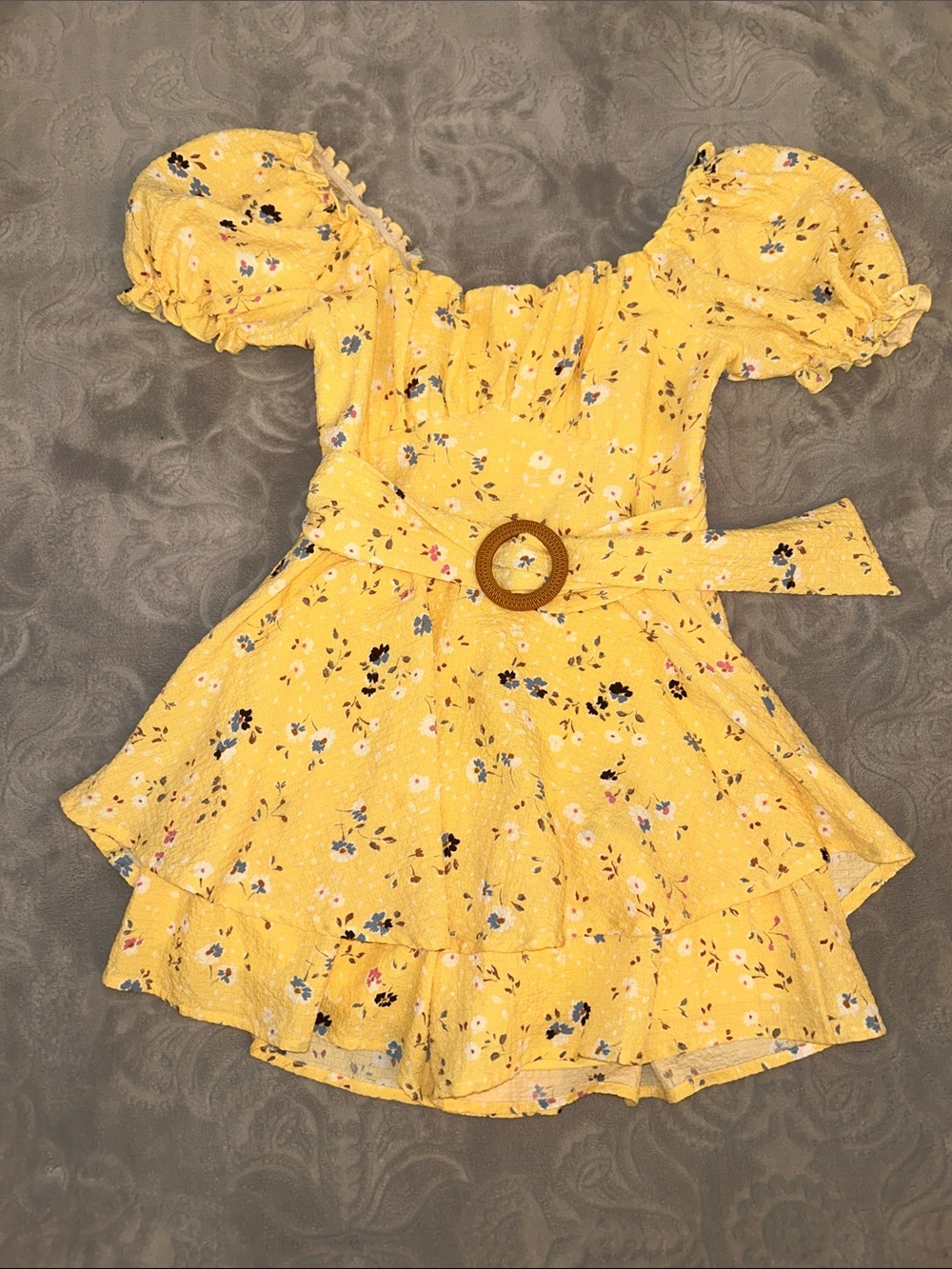 Yellow Floral Puff Sleeve Romper with Belt